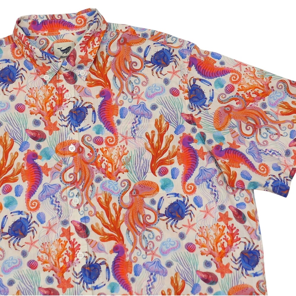Yiume 3XL Ocean Life AOP Vibrant Hawaiian Shirt Octopus Seahorse Cotton Mens